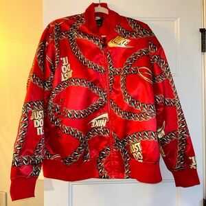 RARE Nike Glam Dunk Red Satin Bomber Jacket with Chain Pattern Just Do It Sz XL
